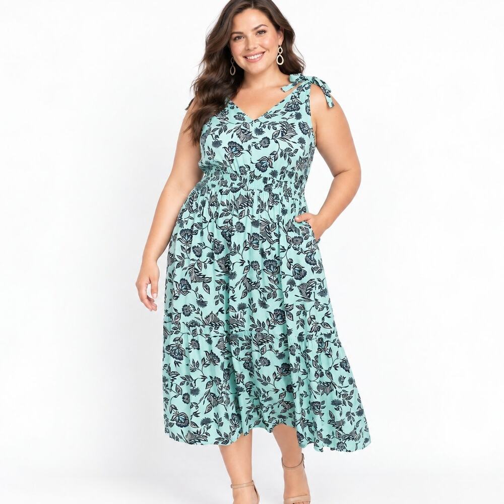 Lane Bryant Mint Floral Vines Midi Dress Women's Size 18 Tiered Cottage Boho 2X